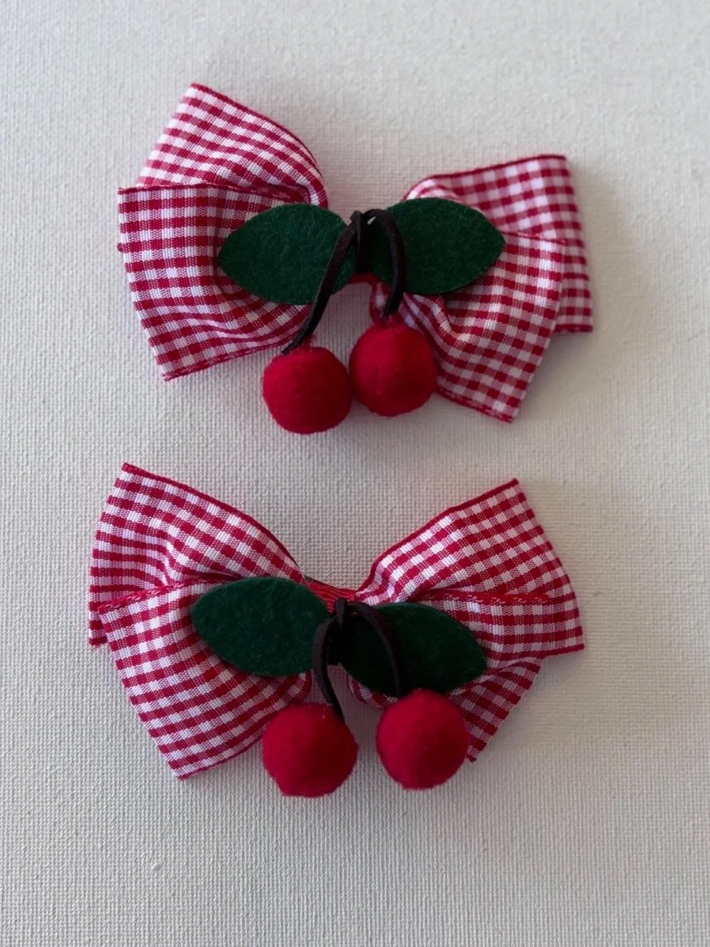 Red Gingham Cherry Bow Hair Clips Set of 2 Retro